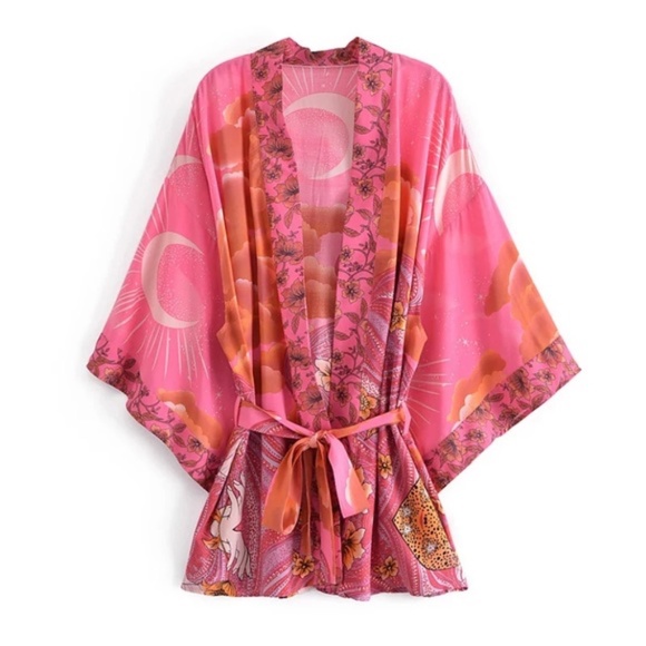 Fuchsia Pink Cosmic Galaxy Moon Boho Short Kimono Coverup Robe - Picture 1 of 10